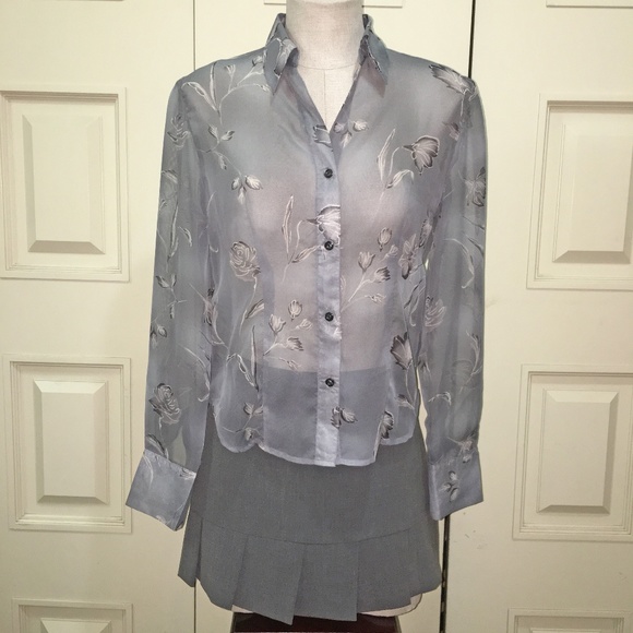 Bisou Jeans Gray Sheer Button Down Collared Blouse - Picture 1 of 2